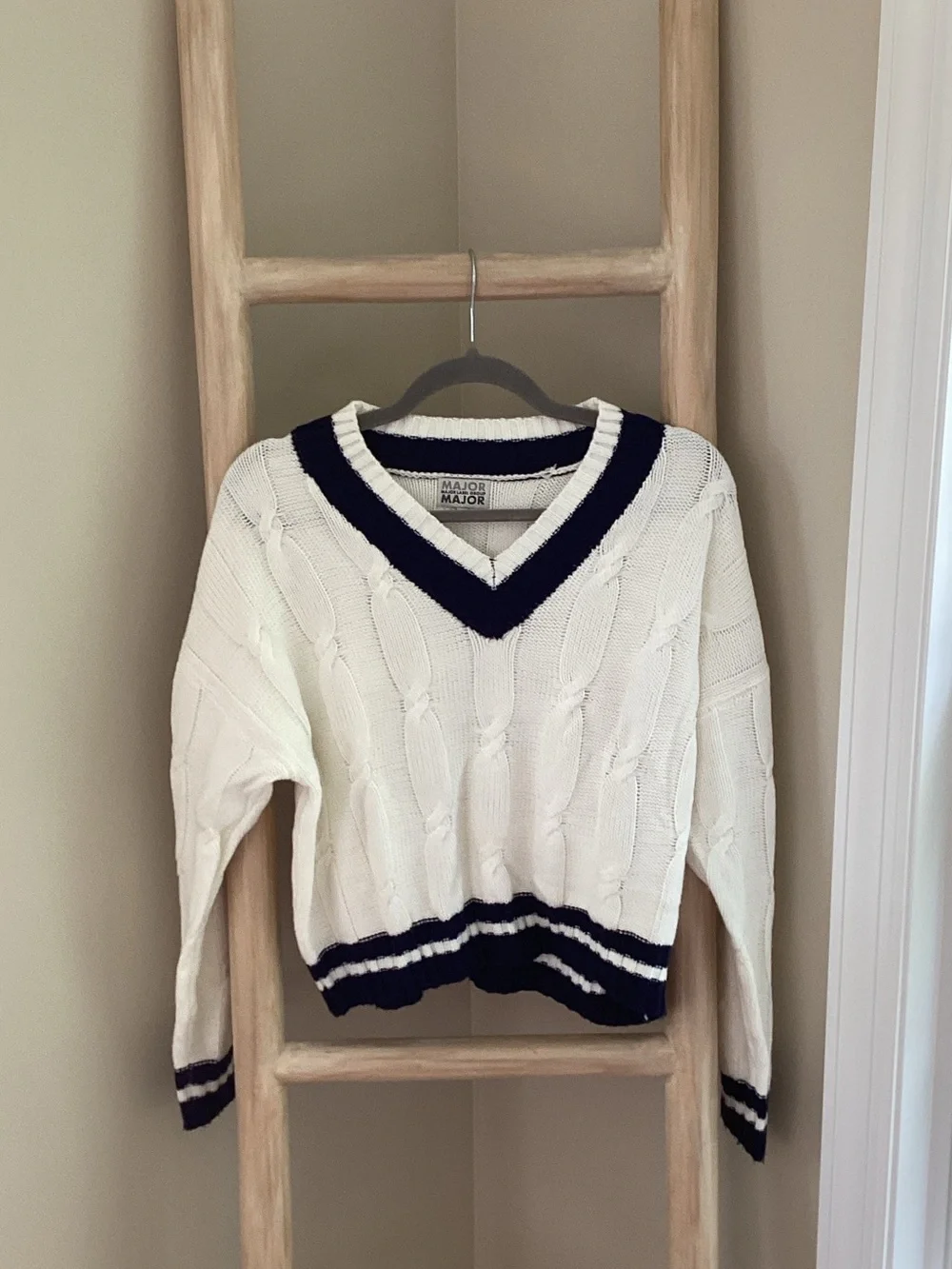 White Cable Knit V-Neck Sweater with Navy Trim - Women - Picture 2 of 4